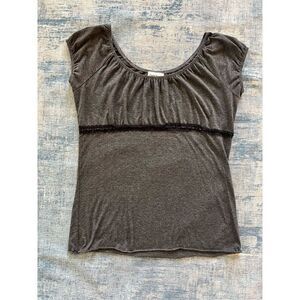 Claudia Richard Gray Black Ribbon Lace Accent Short Sleeve Tee Medium